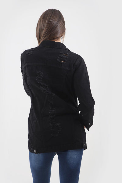 Black Distressed Lonf Denim Jacket
